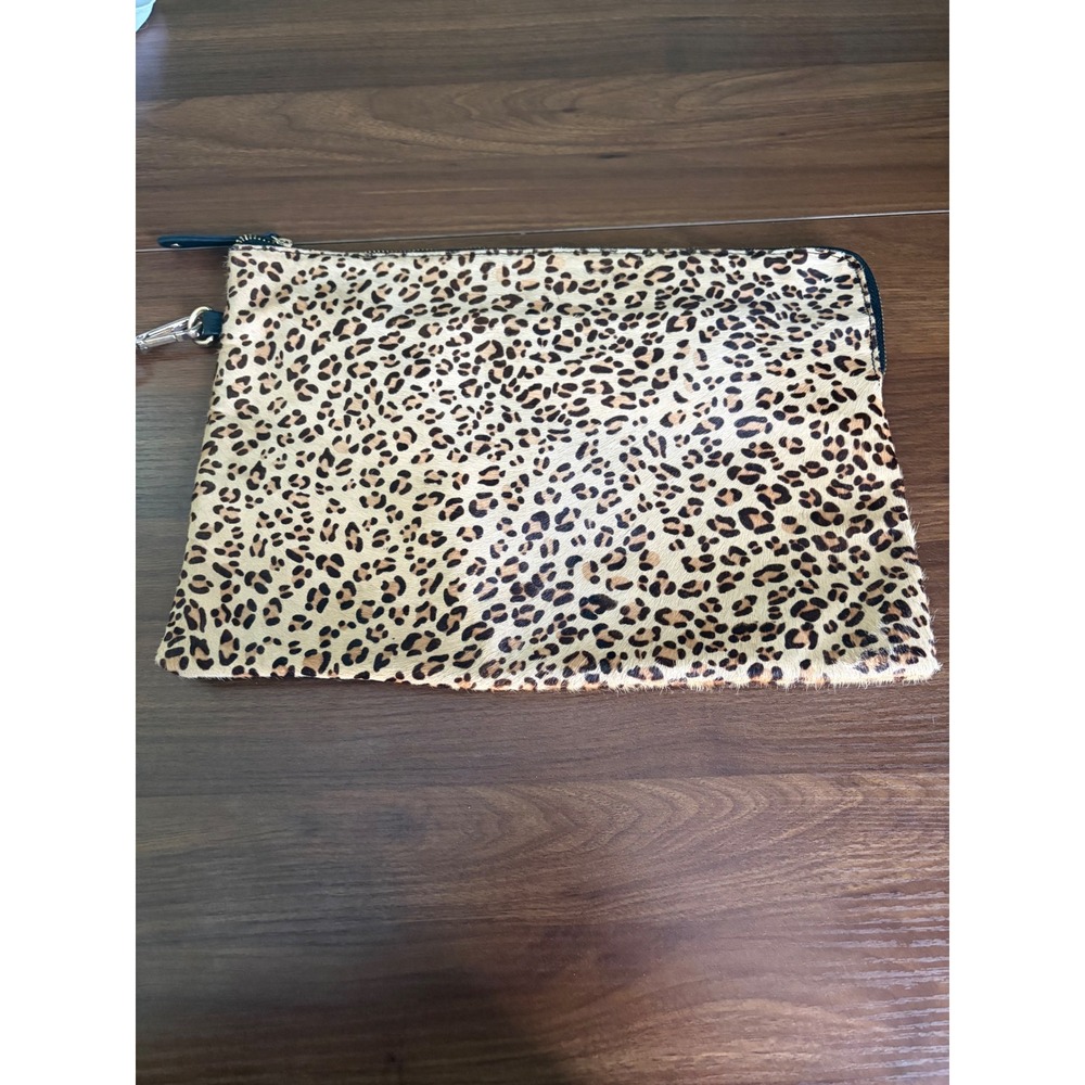 Street Level Leopard Print Calf Hair & Black Vegan Leather Wristlet Clutch Bag